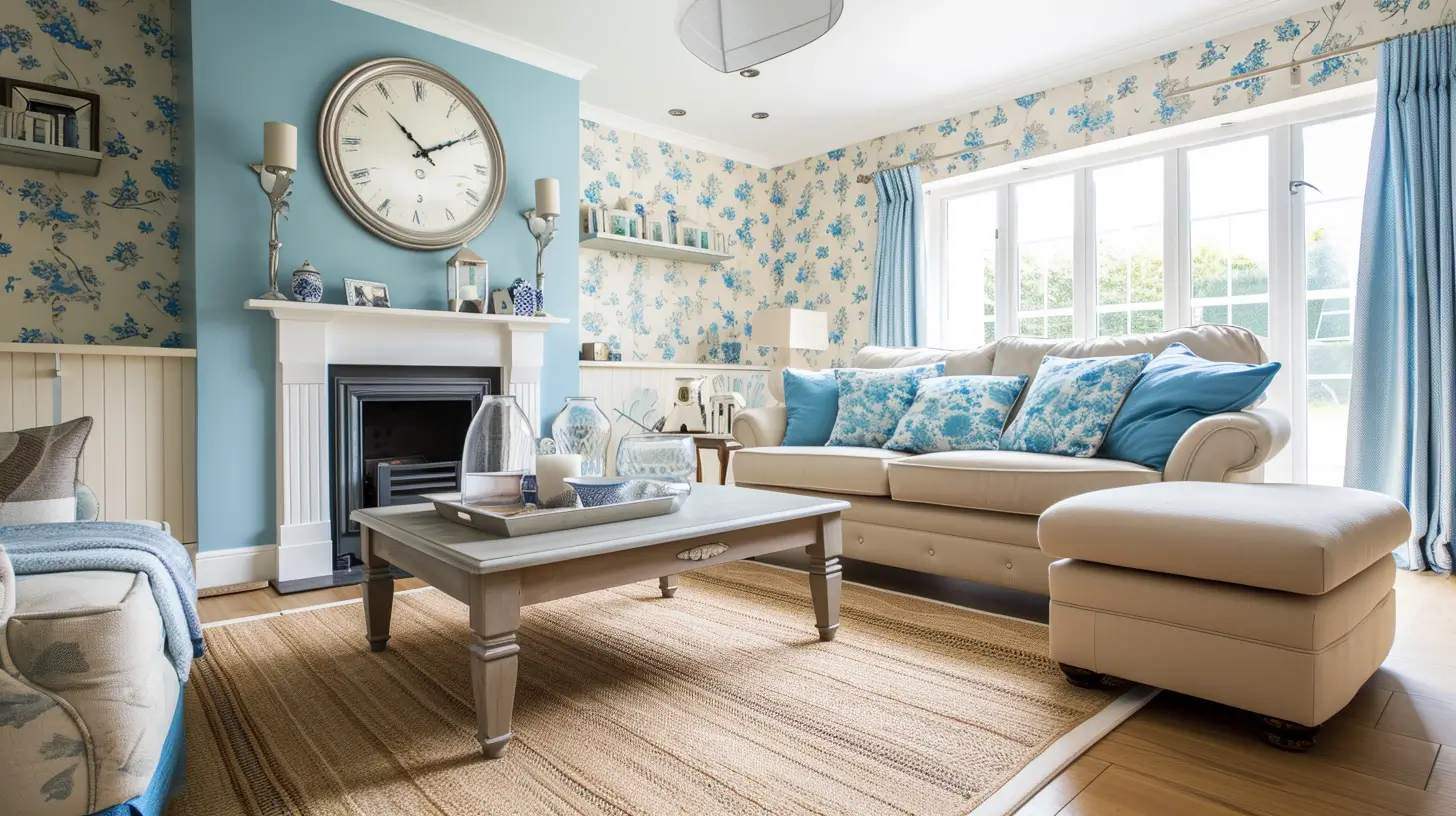 a modern English cottage home, featuring wallpaper and hardwood