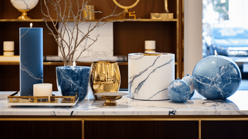 A luxury home decor store with brass, marble and blue-colored accents