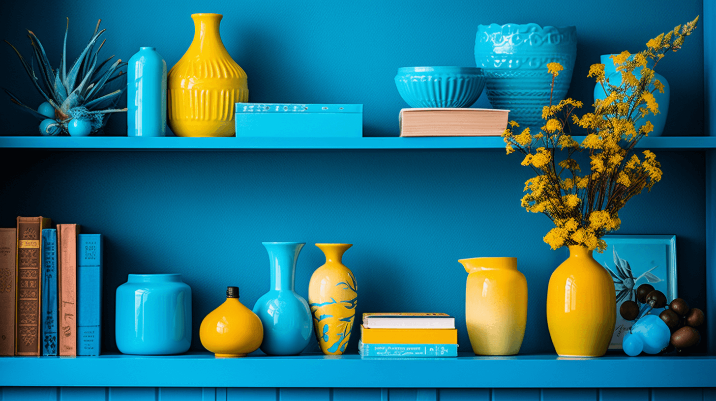 a product display in a home decor store, blue and yellow accent colors 