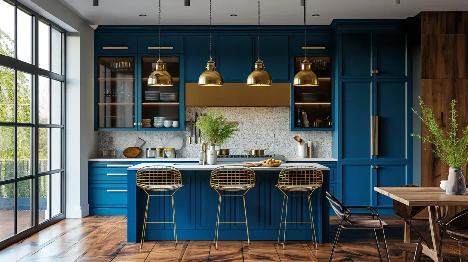 A modern english country kitchen, featuring hardwood and brass aesthetics