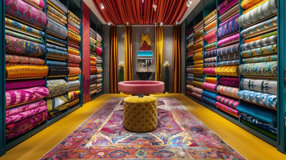 a luxury fabric store with brightly colored fabric 